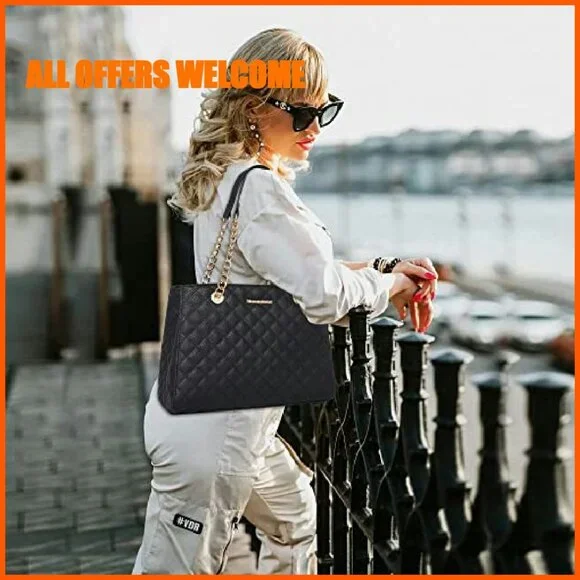 Quilted Medium Tote Bag with Chain Strap, Multiple Compartments - Picture 4 of 8